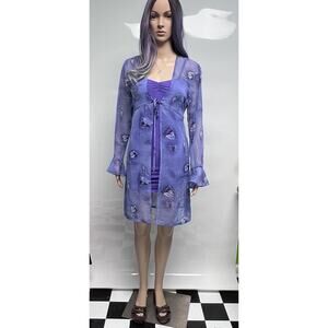 VTG Y2K 90s Dress‎ Womens 7/8 Whimsigoth Fairy Ruched Sheer Overlay Bell Sleeve